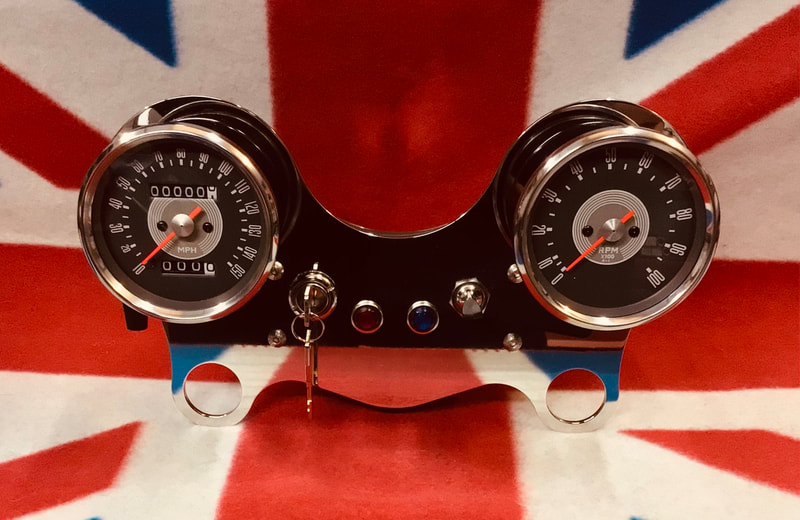 Stainless twin clock carriers with clocks for Norton cafe racers